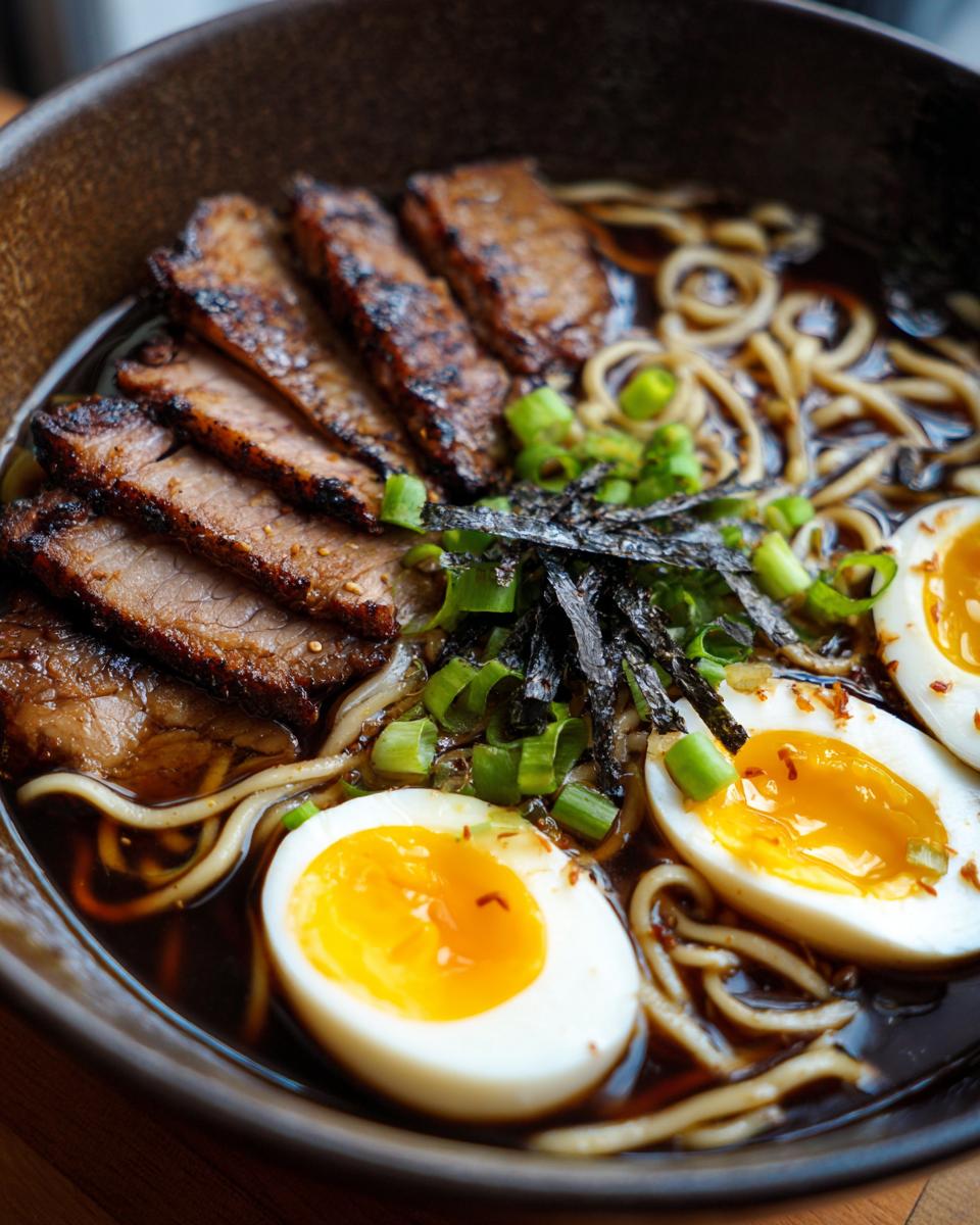 Close-up of a rich bowl of Ramen Noodle soup topped with sliced seared beef, soft-boiled eggs, and green onions.