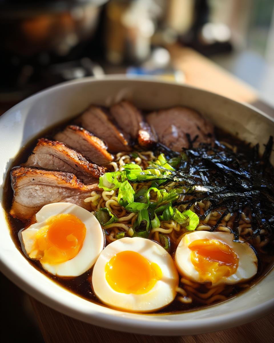 Close-up of a bowl of rich Ramen Noodle soup topped with sliced pork belly, soft-boiled eggs, and green onions.