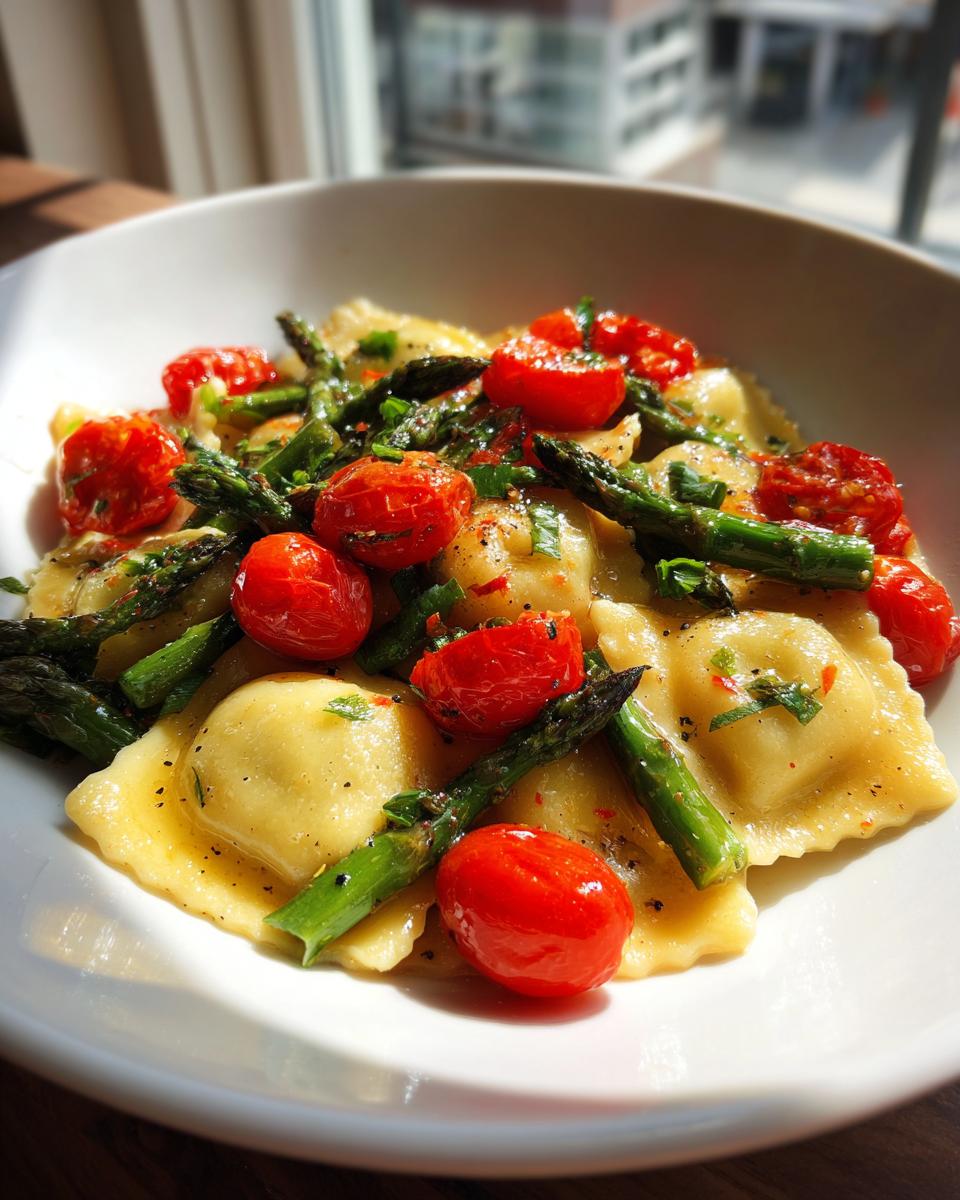A bowl of fresh Ravioli With Tomatoes And Asparagus, garnished with herbs and black pepper.