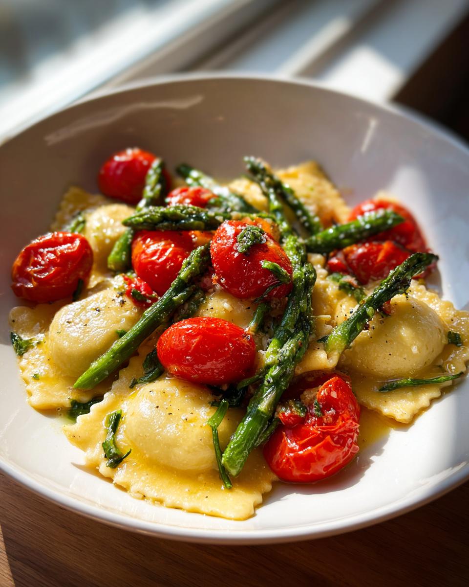 A white bowl filled with Ravioli With Tomatoes And Asparagus, featuring bright red roasted tomatoes and green asparagus spears.