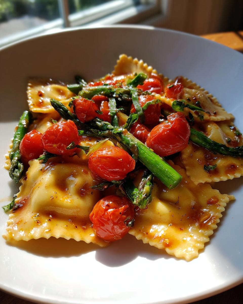 Close-up of plated Ravioli With Tomatoes And Asparagus, featuring bright red cherry tomatoes and green asparagus spears.