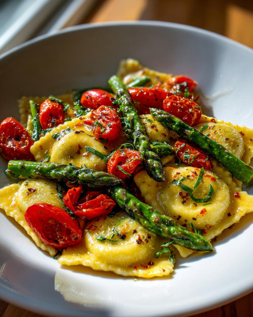 Close-up of cooked ravioli tossed with bright green asparagus spears and halved roasted cherry tomatoes.