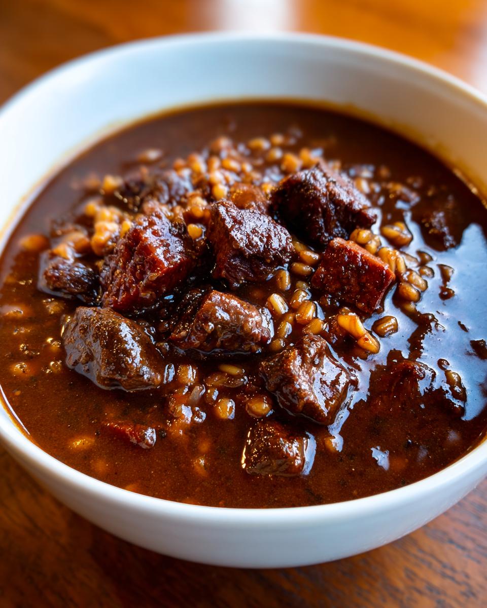 Close-up of rich, dark Beef Barley Soup featuring chunks of tender beef and cooked barley in a thick broth.