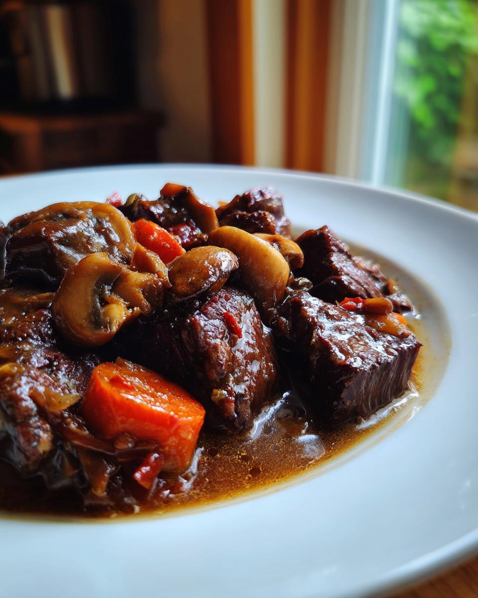 Close-up of tender chunks of Beef Bourguignon stewed with mushrooms and carrots in a rich brown sauce.