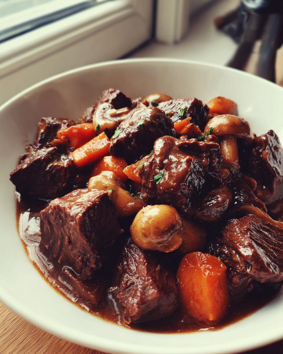 Close-up of tender chunks of Beef Bourguignon stewed with carrots and mushrooms in a rich dark sauce.