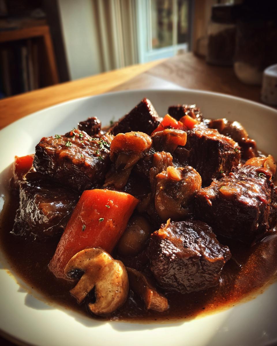 Close-up of tender chunks of Beef Bourguignon stewed with carrots and mushrooms in a rich, dark sauce.