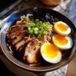 Close-up of a dark bowl filled with Ramen Noodle soup, topped with sliced pork belly, soft-boiled eggs, and green onions.