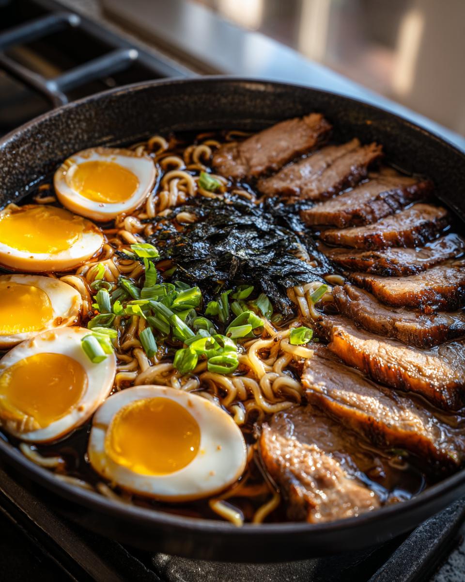 Close-up of a dark bowl filled with rich Ramen Noodle broth, topped with sliced pork, soft-boiled eggs, nori, and green onions.