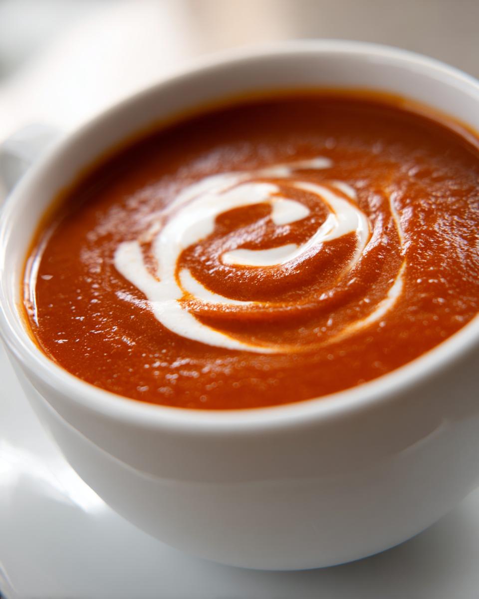 Close-up of rich, vibrant Tomato Soup topped with a decorative swirl of cream in a white mug.