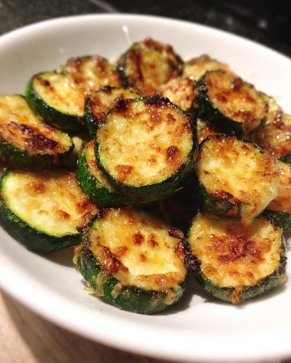 Close-up of perfectly Roasted Parmesan Zucchini slices piled in a white bowl, showing browned, cheesy tops.