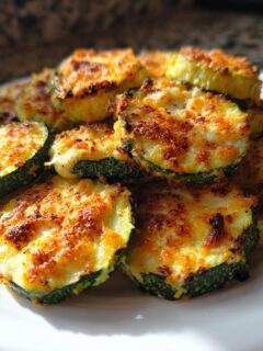 A plate piled high with perfectly browned Roasted Parmesan Zucchini slices, featuring crispy cheese topping.