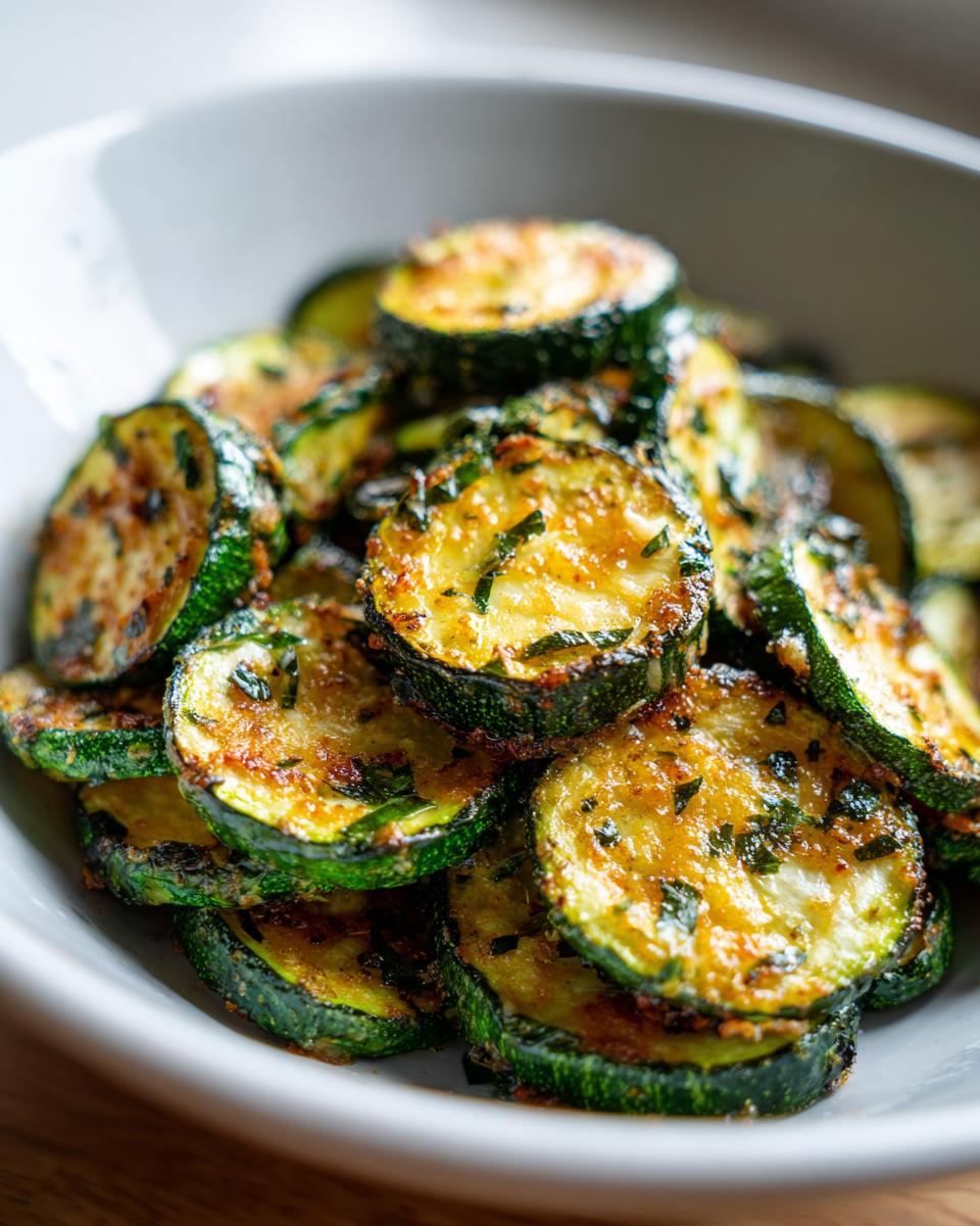 A bowl filled with crispy, golden-brown Roasted Parmesan Zucchini slices seasoned with herbs.