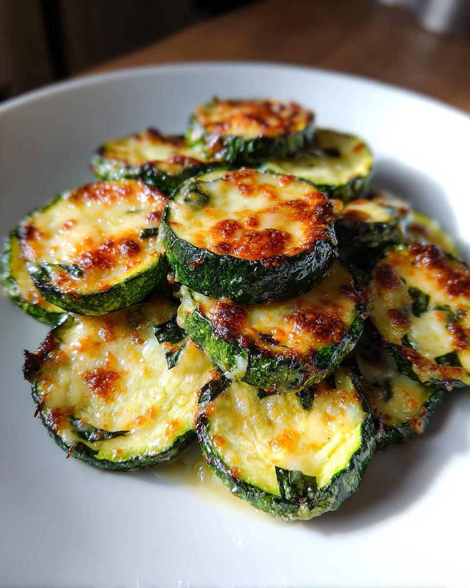 A pile of perfectly Roasted Parmesan Zucchini slices topped with melted, browned cheese on a white plate.