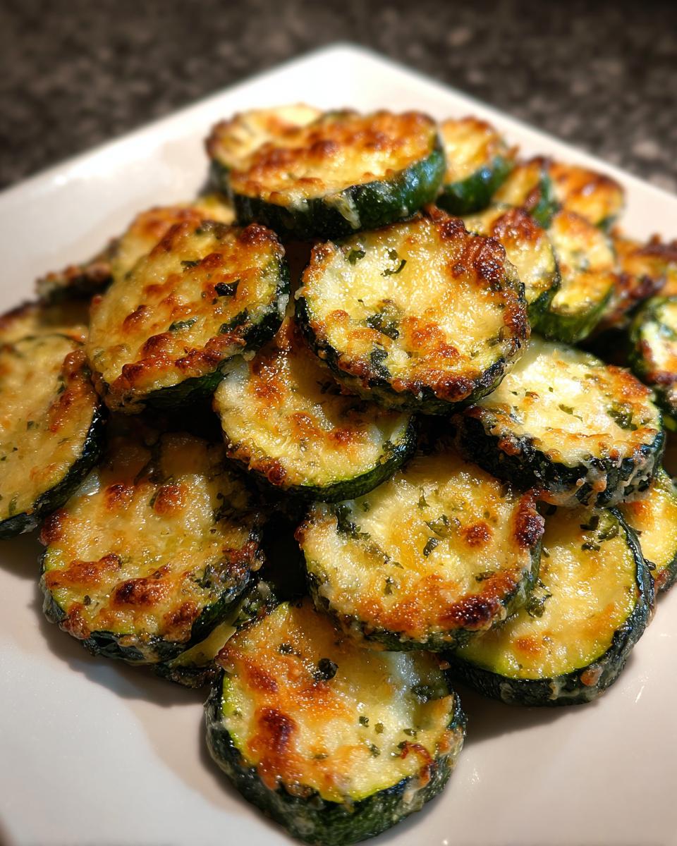 A pile of perfectly Roasted Parmesan Zucchini slices with golden, melted cheese topping.