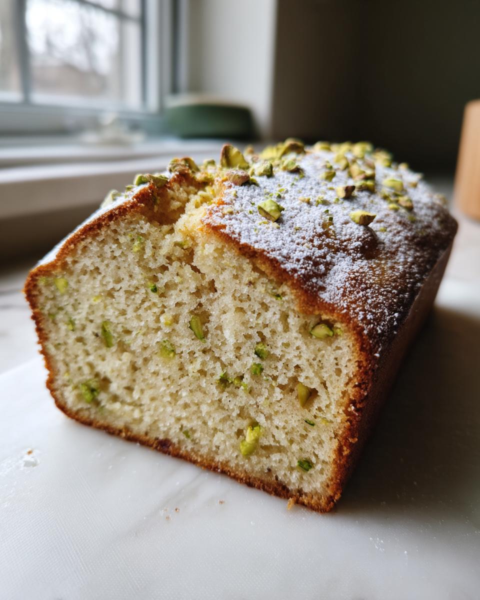 Close-up of a slice of Rosewater Pistachio Cake showing the moist crumb studded with green pistachio pieces.