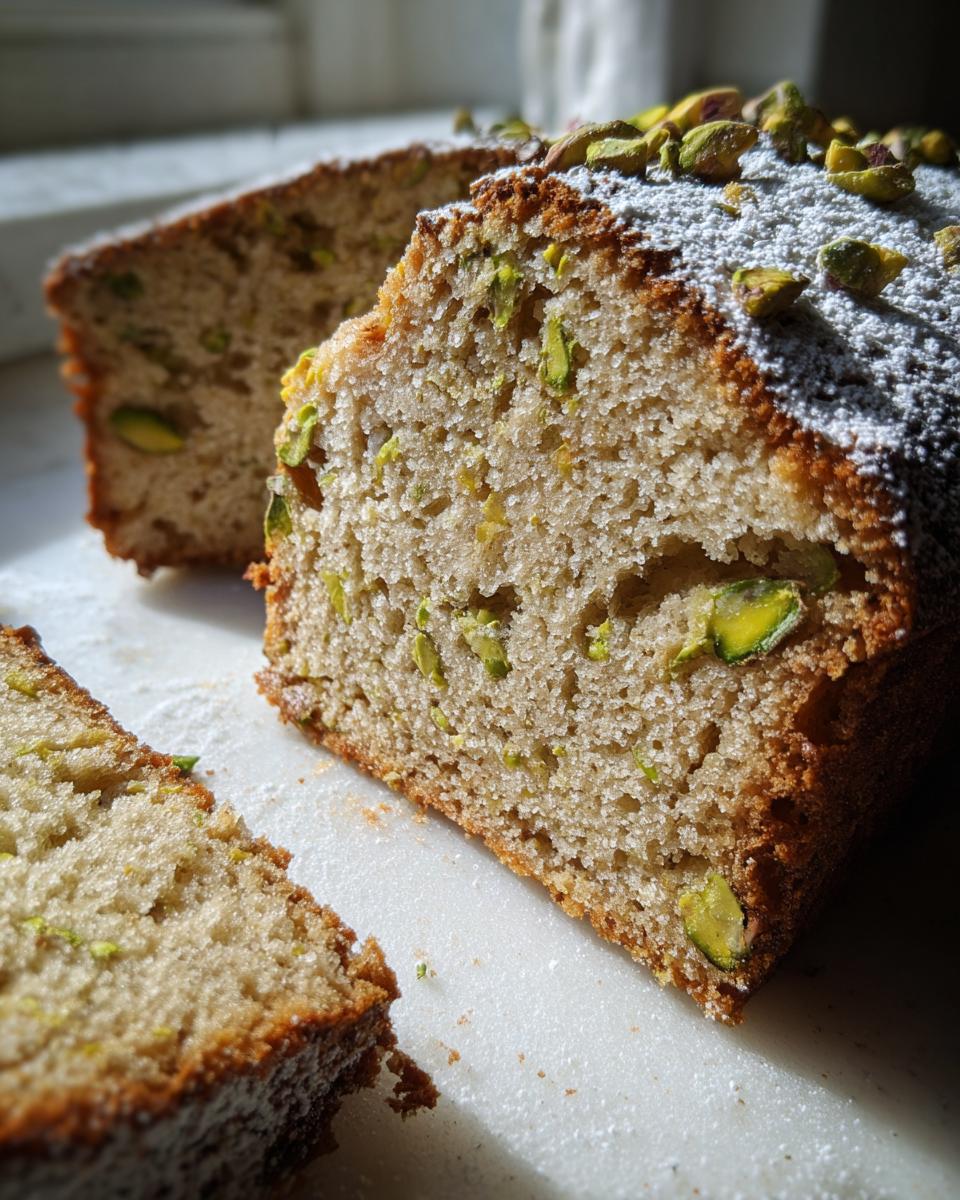 Close-up of a moist slice of Rosewater Pistachio Cake showing the crumb texture and chopped pistachios.