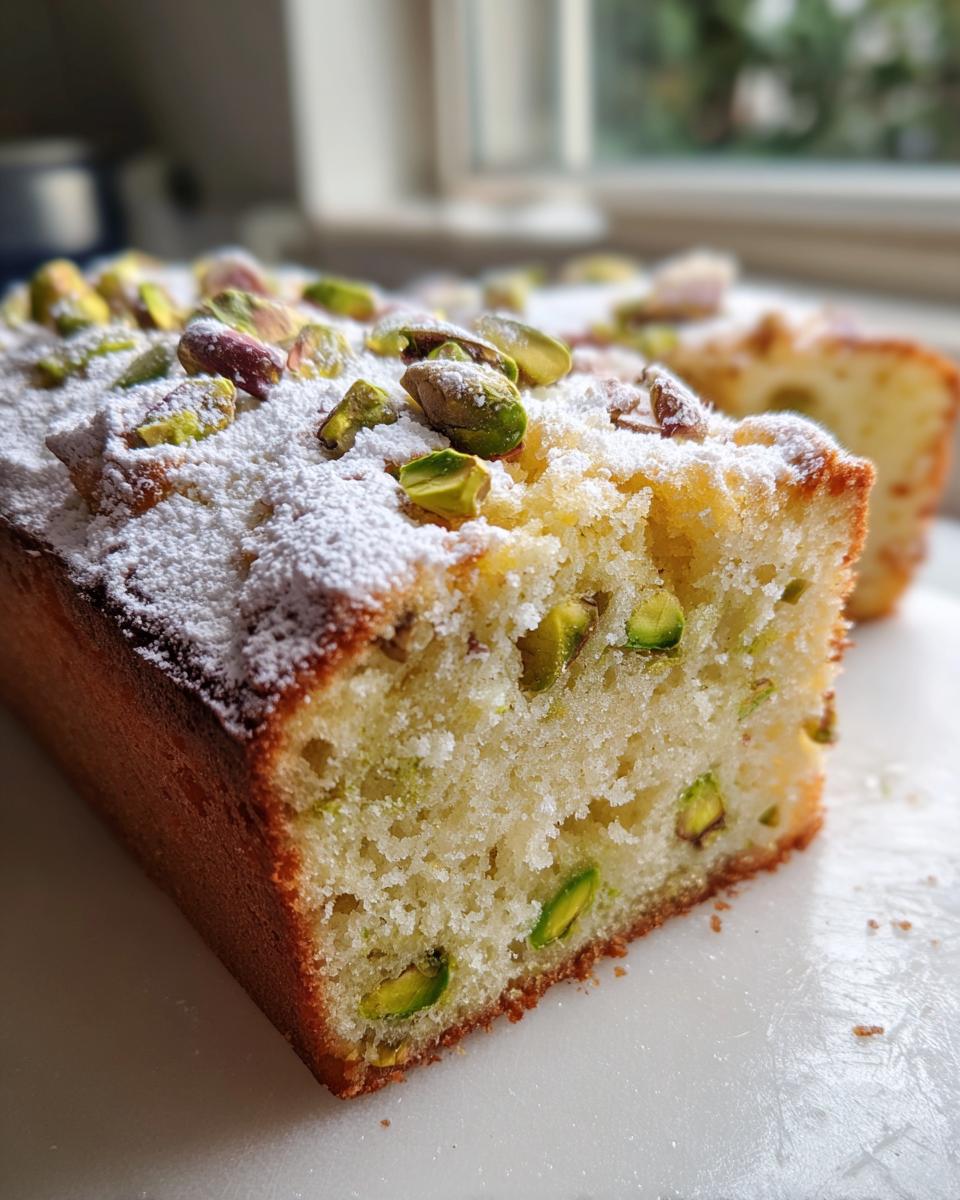 Close-up of a moist slice of Rosewater Pistachio Cake topped with powdered sugar and whole pistachios.