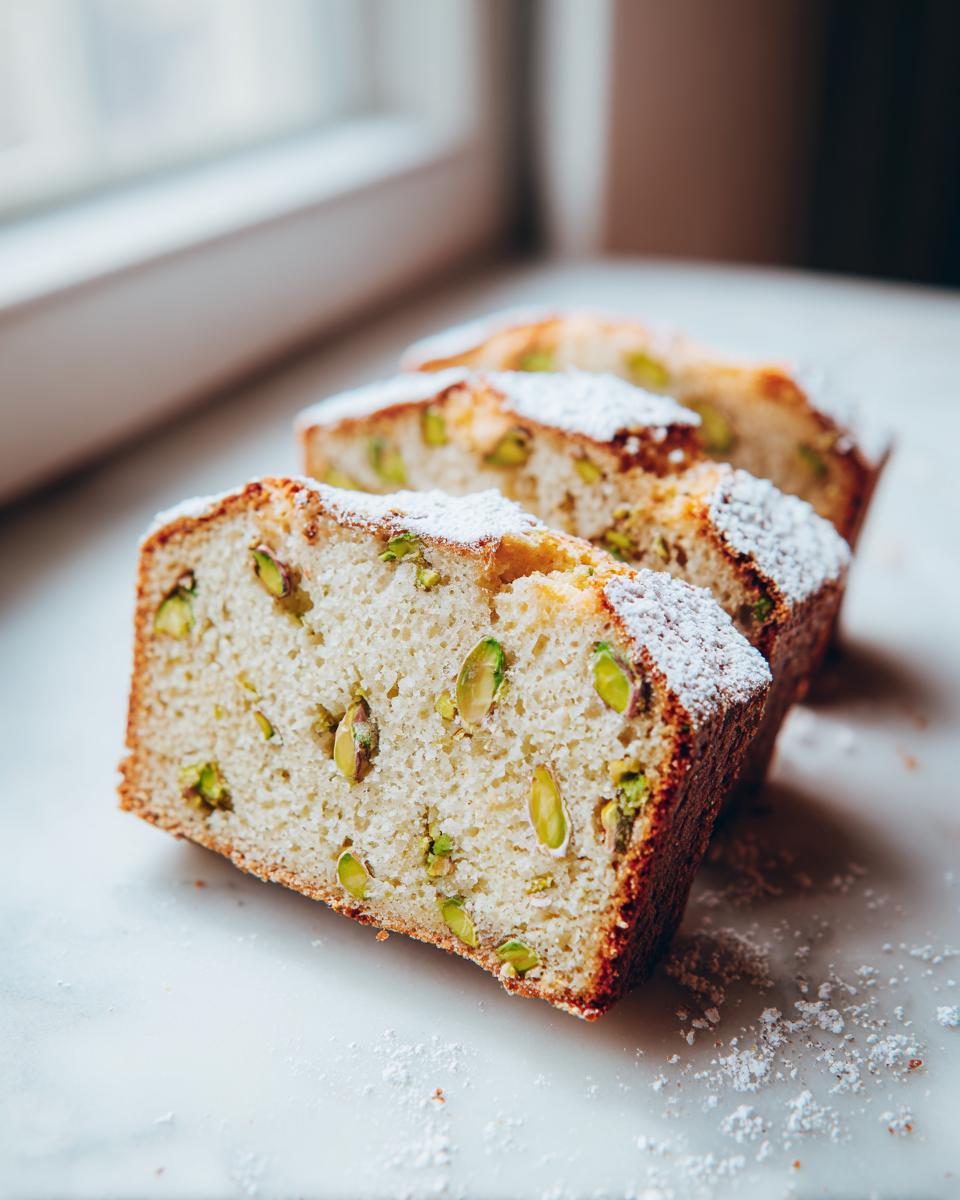 Three slices of moist Rosewater Pistachio Cake studded with bright green pistachios and dusted with powdered sugar.