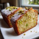 Close-up of two slices of moist Rosewater Pistachio Cake, topped with powdered sugar and chopped pistachios.