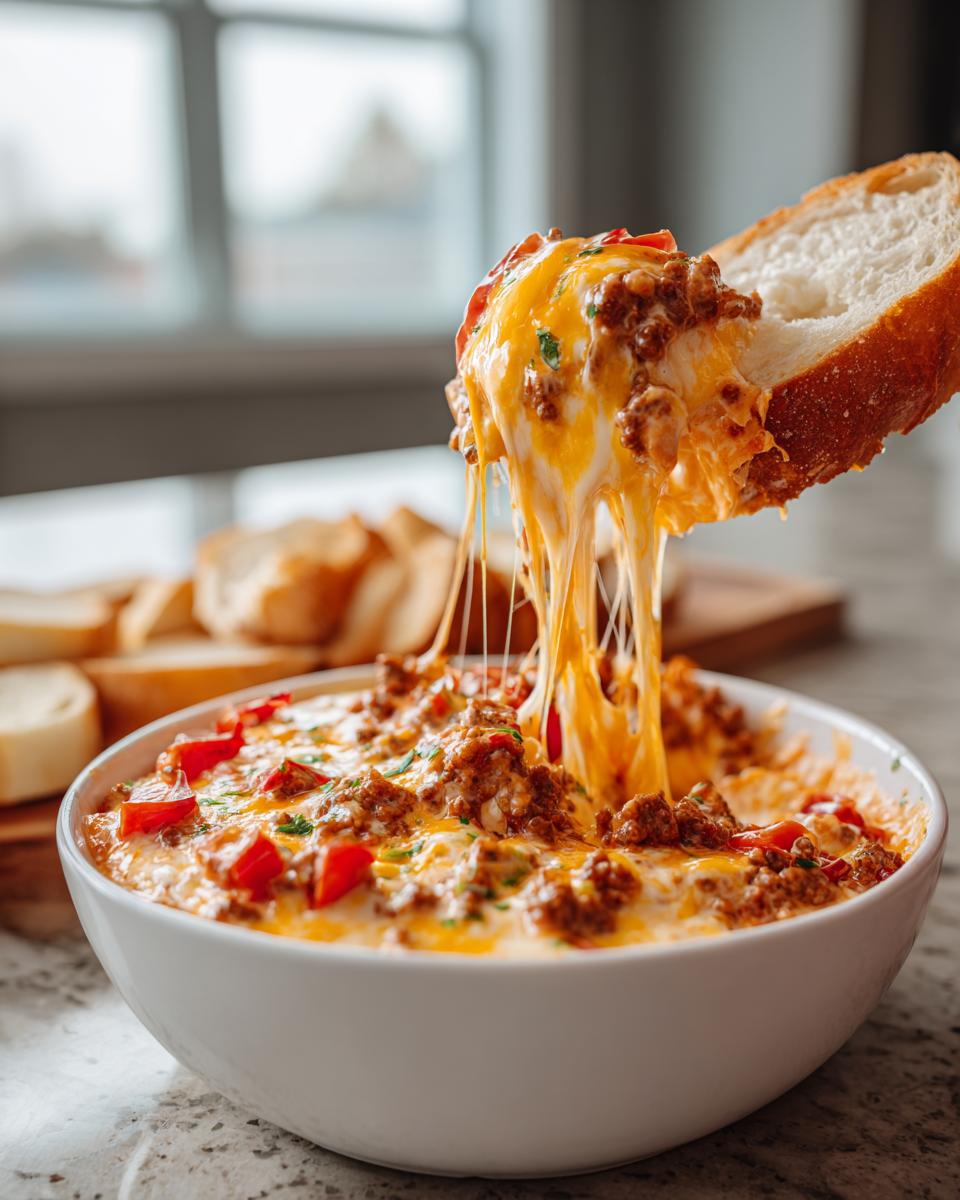 A piece of bread is dipping into a bowl of hot Rotel Dip With Ground Beef, showing long, dramatic cheese pulls.