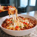 A chip scooping out a portion of hot Rotel Dip With Ground Beef, showing a dramatic cheese pull.