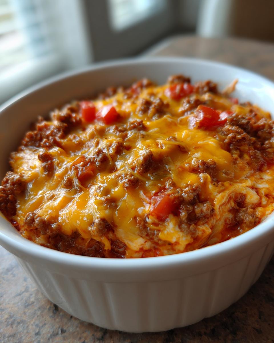 Close-up of a white ramekin filled with hot Rotel Dip With Ground Beef topped with melted orange cheddar cheese and diced tomatoes.