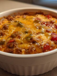 A close-up of hot, bubbly Rotel Dip With Ground Beef topped with melted cheddar cheese in a white ramekin.