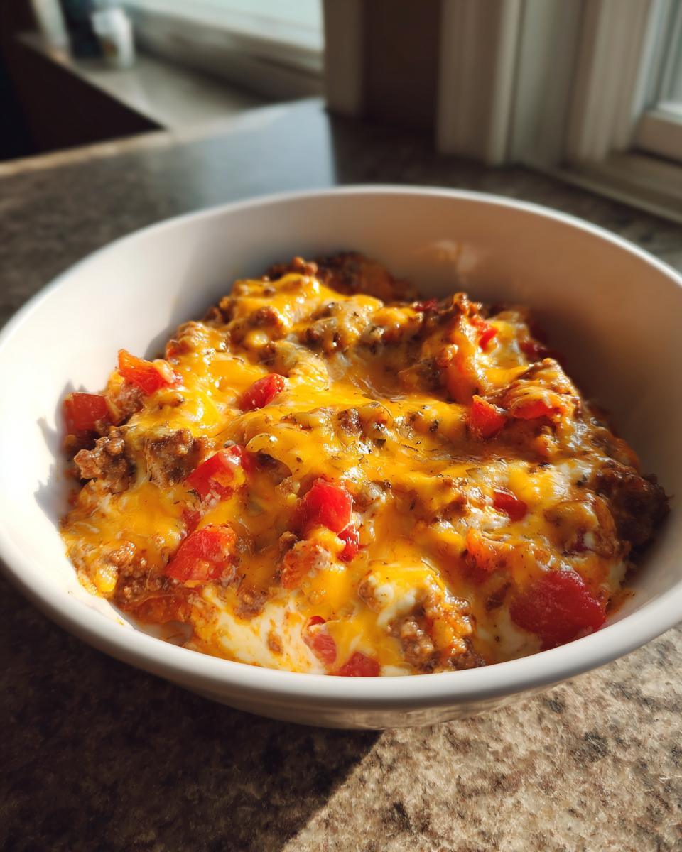 A close-up of Rotel Dip With Ground Beef, featuring melted cheddar cheese, ground meat, and diced tomatoes in a white bowl.