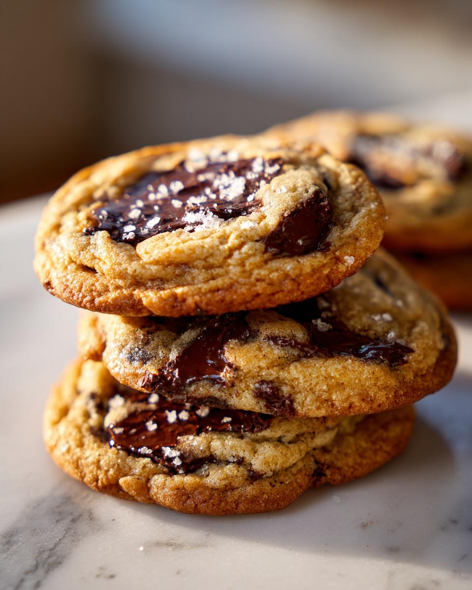 Stack of three gooey, salted chocolate chip cookies, perfect for Fathers Day Recipes.