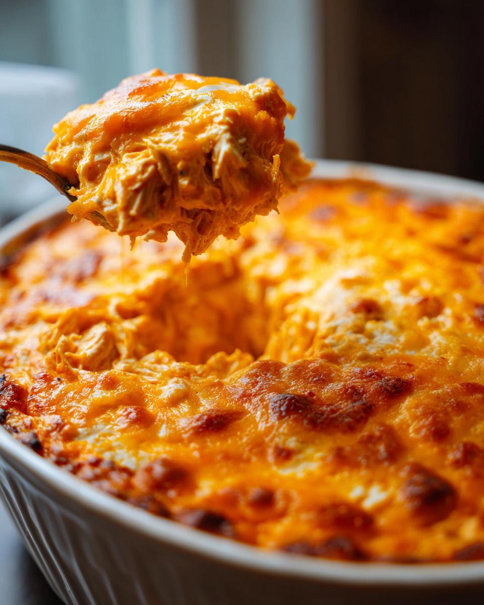 A spoonful of hot, cheesy Buffalo Chicken Dip being lifted from a white baking dish.