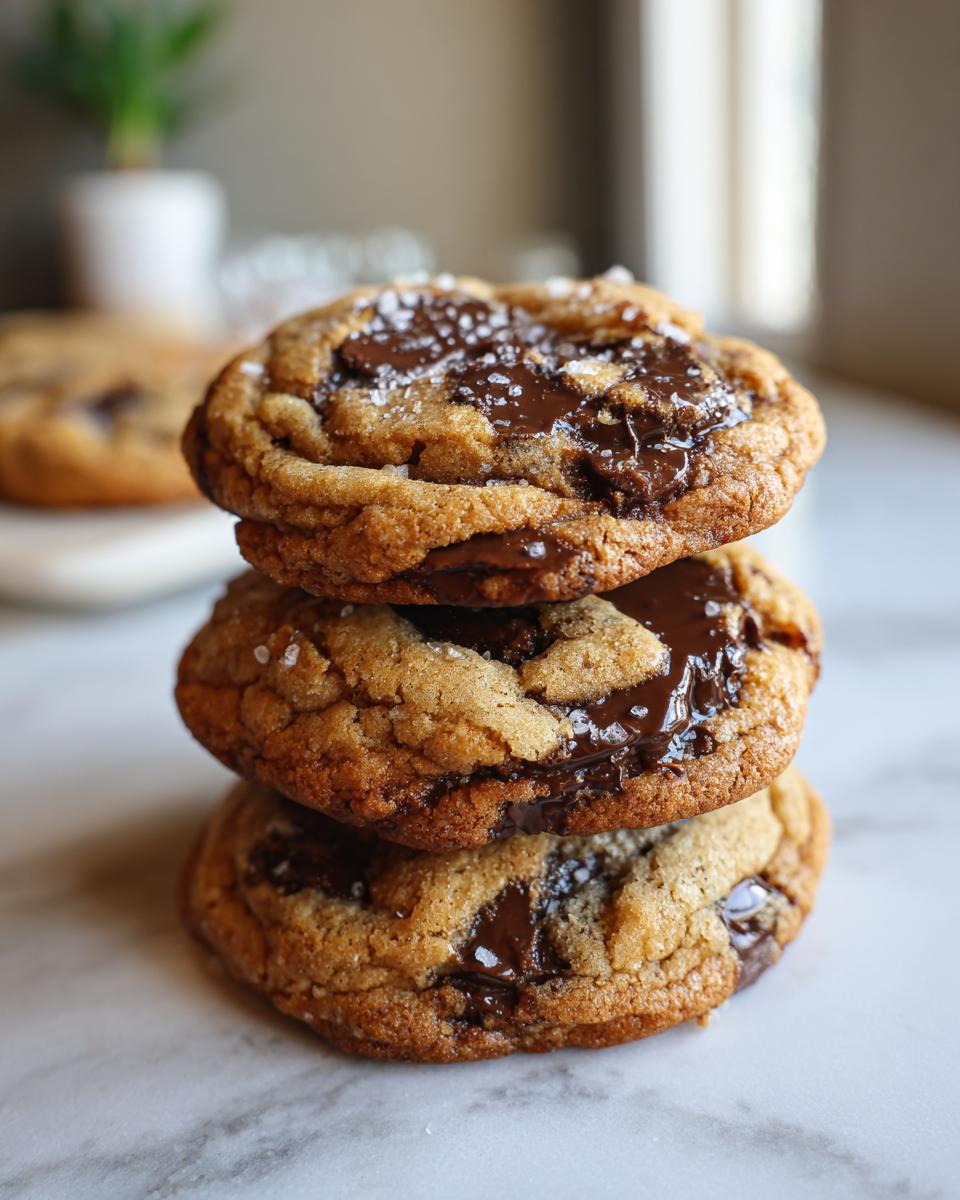 A stack of three gooey, freshly baked chocolate chip cookies topped with melted chocolate and sea salt flakes, part of Fifteen Cookies Fathers Day Recipes.