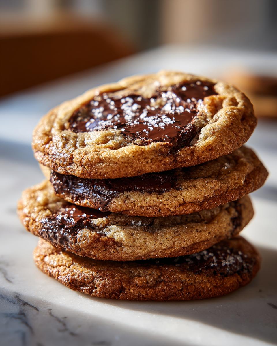 A stack of four rich, chewy chocolate chip cookies topped with melted chocolate and flaky sea salt, perfect for Fathers Day Recipes.