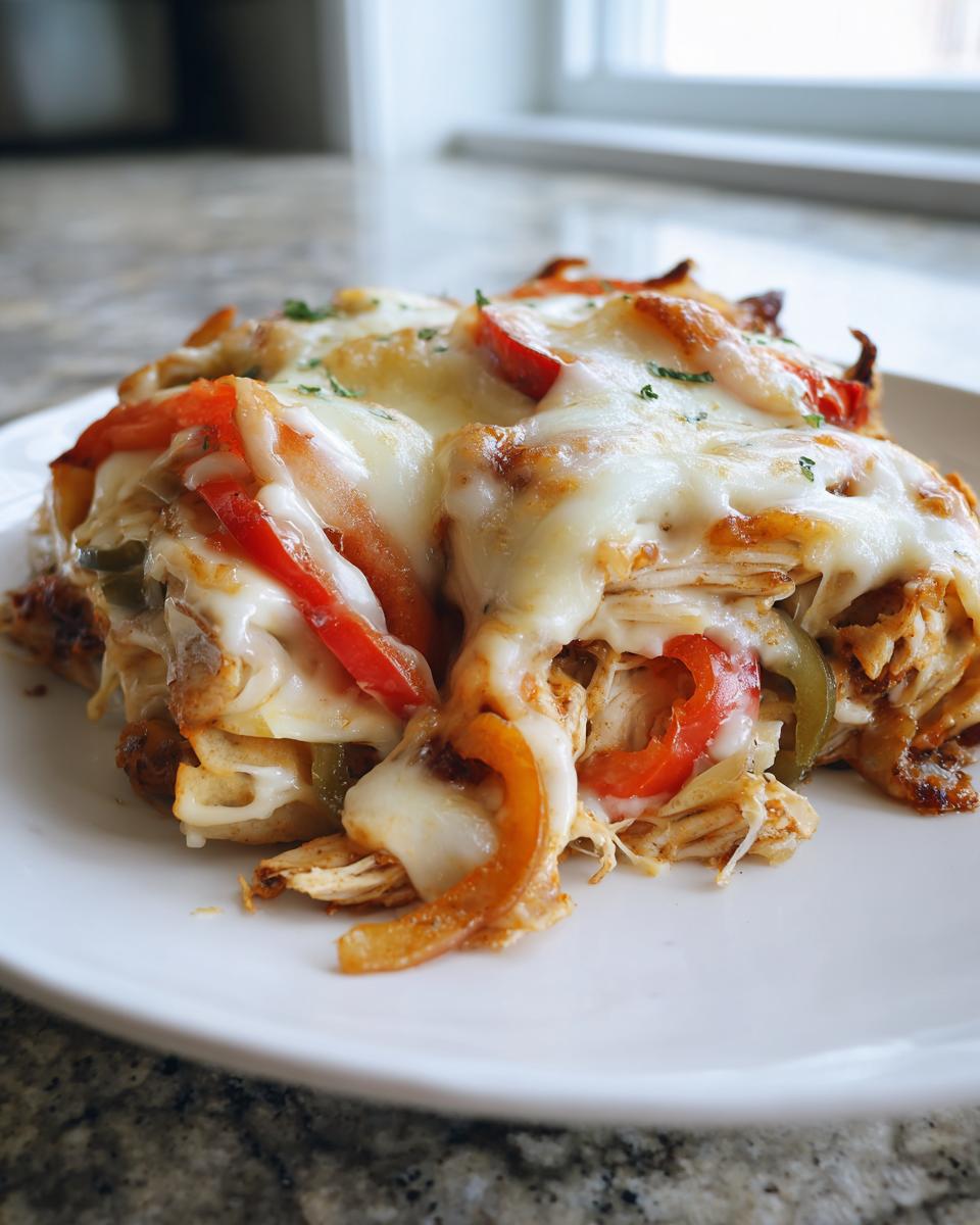 A close-up serving of Chicken Fajita Casserole topped with melted white cheese and saut&eacute;ed red and green bell peppers.