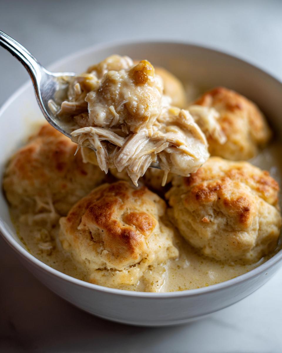 A spoonful of shredded chicken and creamy sauce being lifted from a bowl of Crockpot Chicken And Dumplings with golden biscuits.
