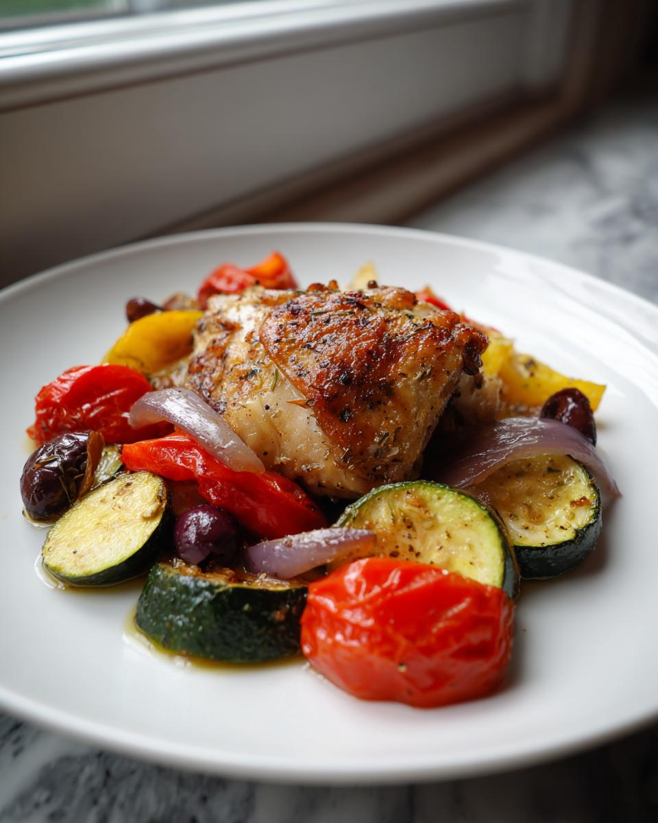 A serving of Sheet Pan Mediterranean Chicken with roasted zucchini, tomatoes, red onion, and olives on a white plate.