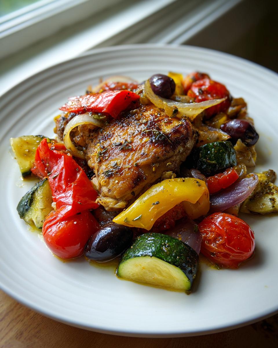 A plated serving of Sheet Pan Mediterranean Chicken with roasted zucchini, peppers, tomatoes, and olives.