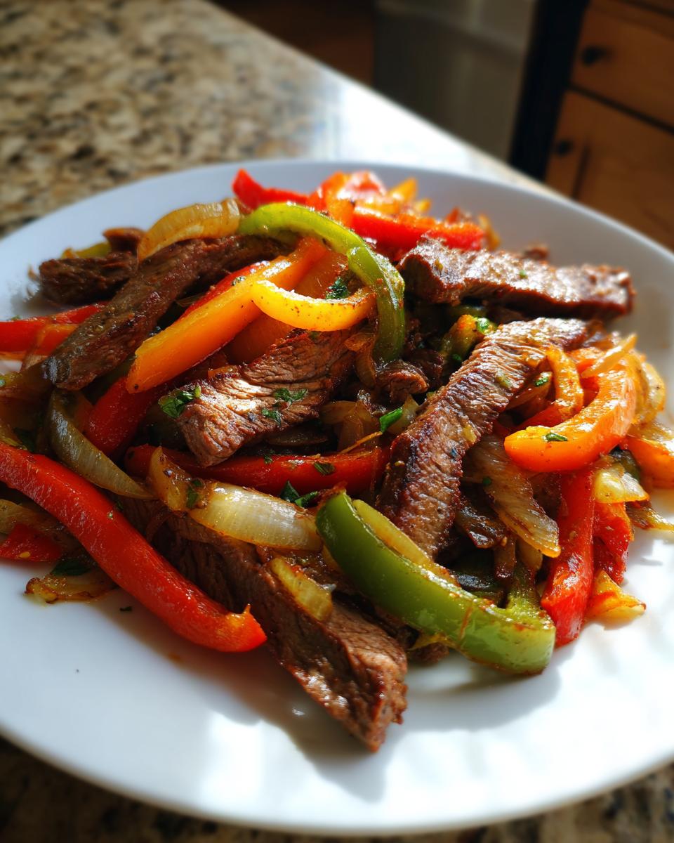 Close-up of cooked steak strips mixed with vibrant red, green, and yellow peppers and onions for Sheet Pan Steak Fajitas.