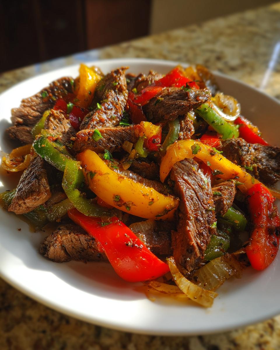 Close-up of seasoned, sliced steak mixed with colorful bell peppers and onions, ready to eat Sheet Pan Steak Fajitas.