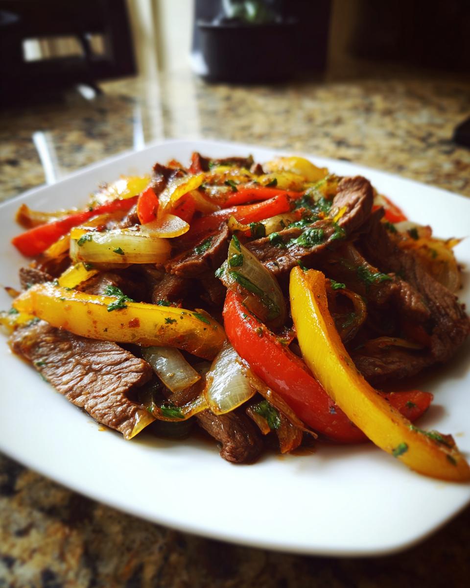 Close-up of perfectly cooked Sheet Pan Steak Fajitas with sliced peppers and onions on a white plate.
