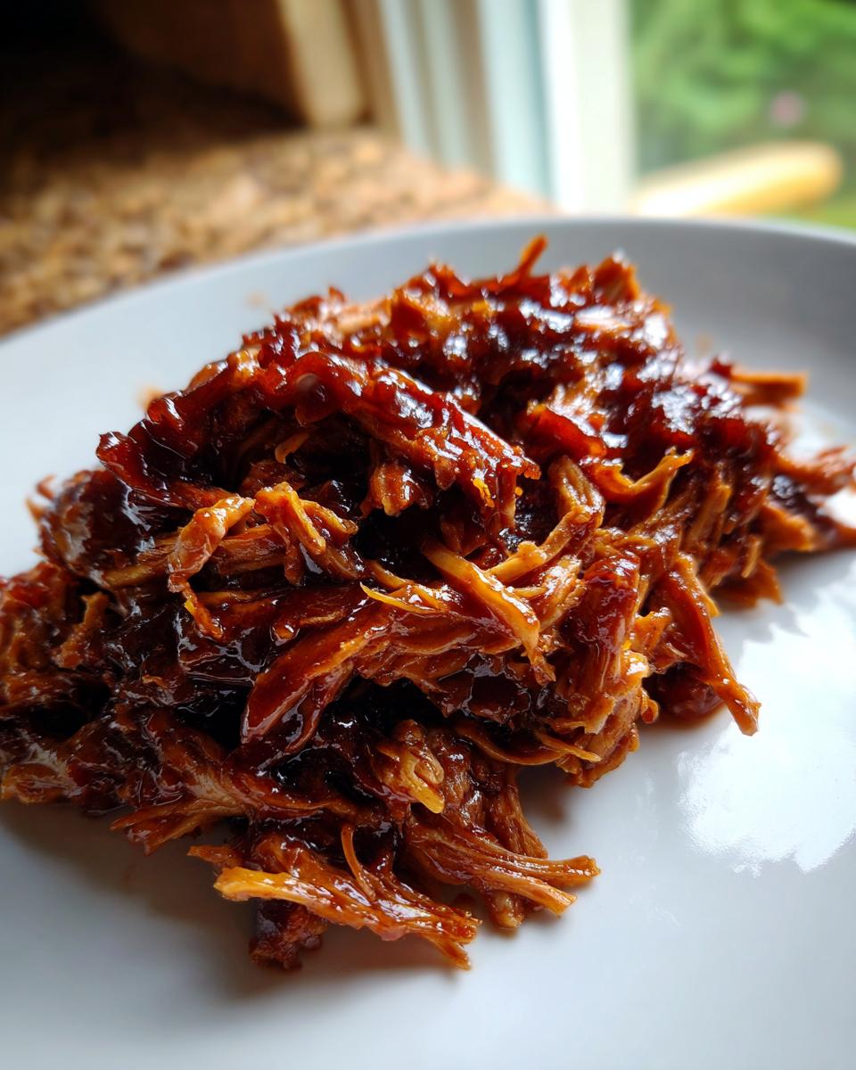 Close-up of shredded, saucy Bbq Chicken Crockpot meat piled on a white plate.