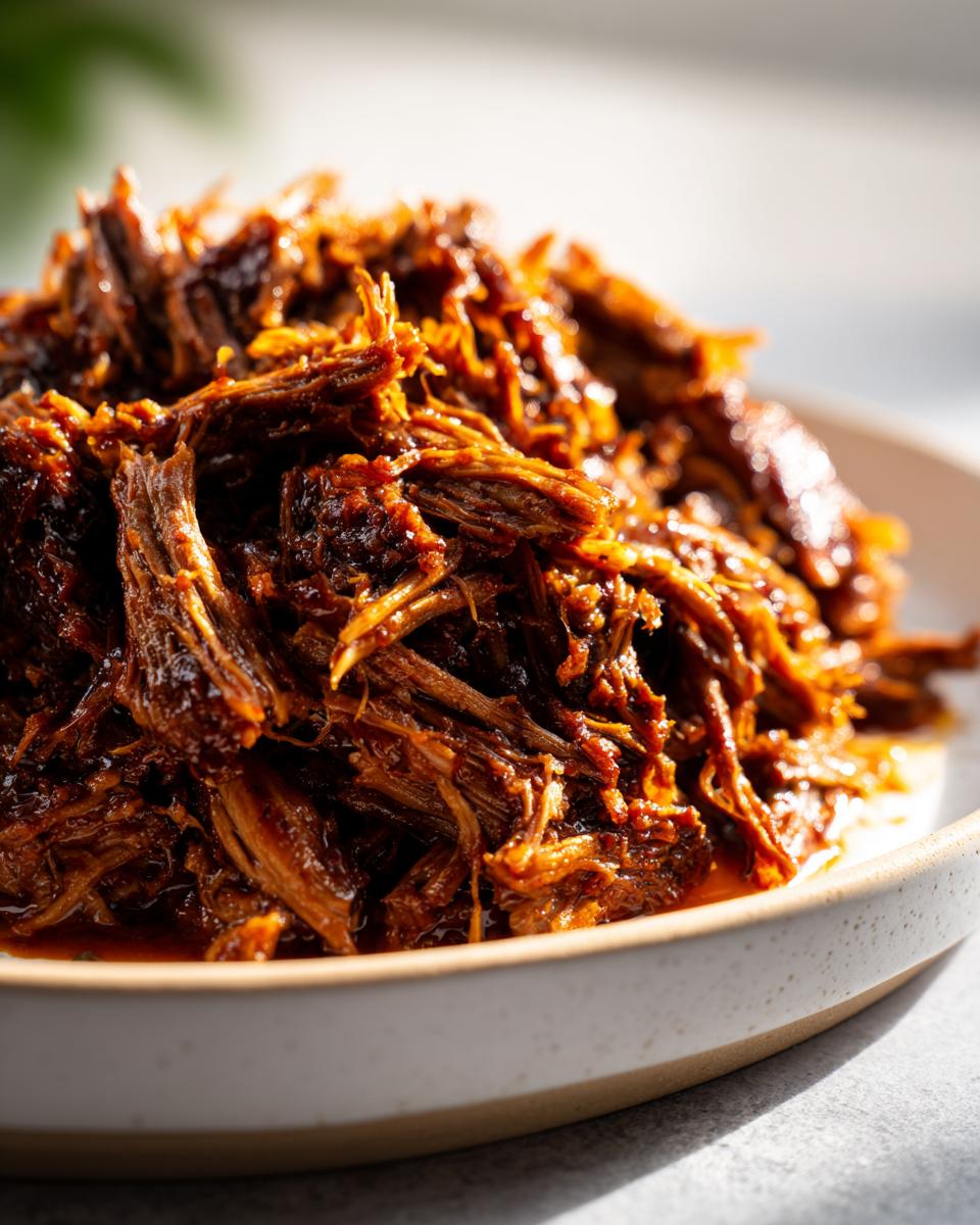 Close-up of tender, shredded Instant Pot Beef Barbacoa coated in a rich, dark sauce, piled high on a white plate.