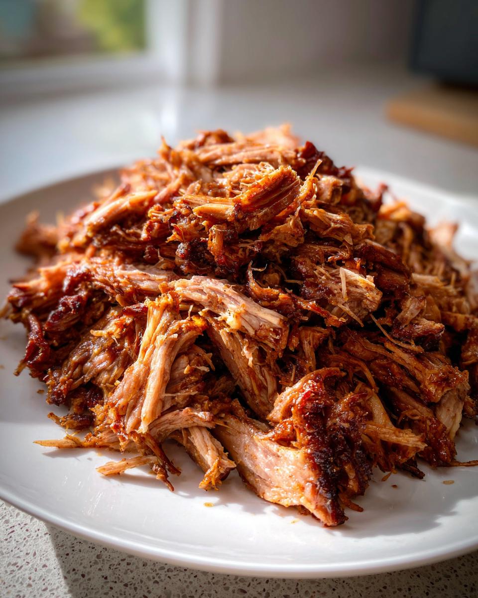 A close-up of perfectly shredded, tender pork piled high on a white plate, ready for Carnitas Crockpot.