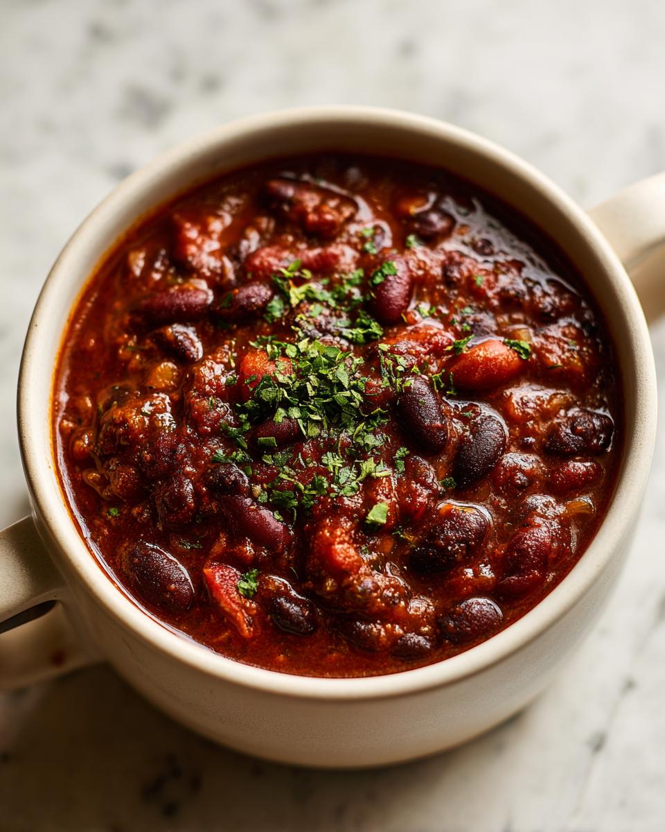 A close-up, overhead shot of a hearty bowl of Simple Vegetarian Three Bean Chili topped with fresh parsley.