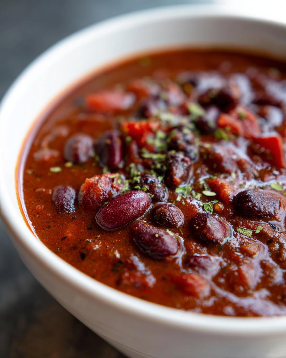 Close-up of rich, thick Simple Vegetarian Three Bean Chili served in a white bowl, topped with herbs.