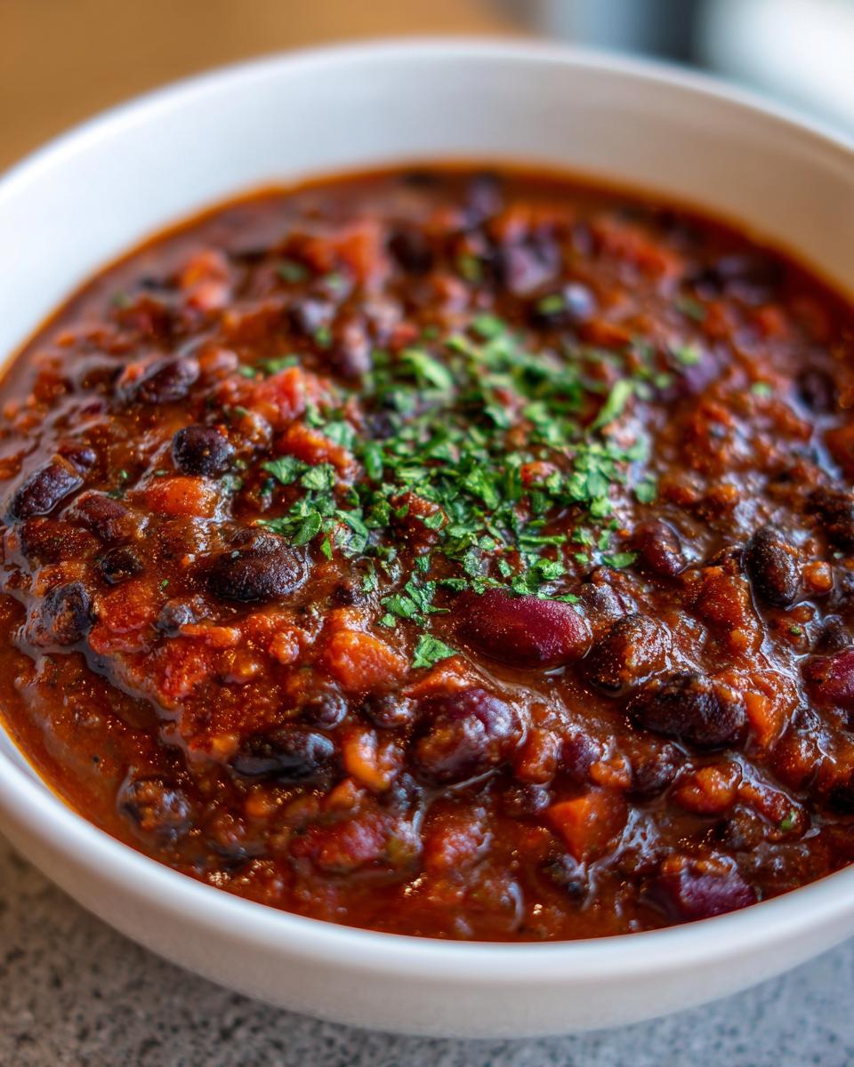 Close-up of a rich, dark red Simple Vegetarian Three Bean Chili topped with fresh chopped parsley.