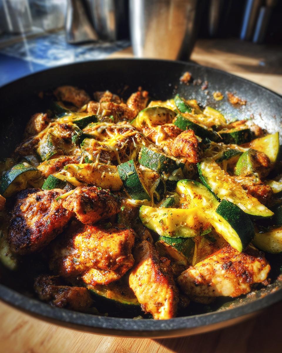 Close-up of seasoned Tex Mex Chicken And Zucchini pieces topped with melted cheese in a black skillet.