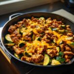 Close-up of Tex Mex Chicken And Zucchini skillet dish topped with melted orange cheddar cheese.