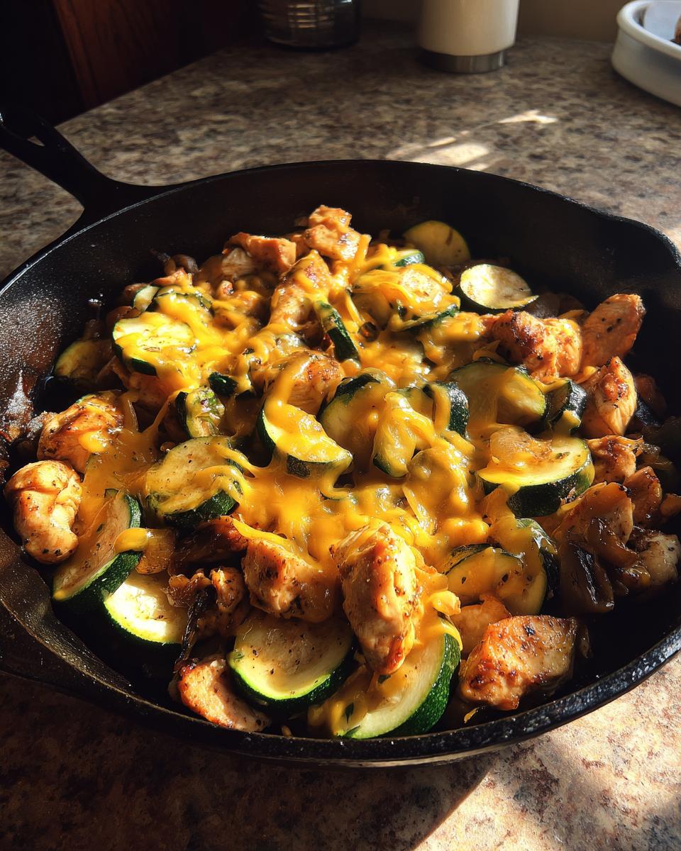 Close-up of Tex Mex Chicken And Zucchini cooked in a cast iron skillet, topped with melted cheddar cheese.