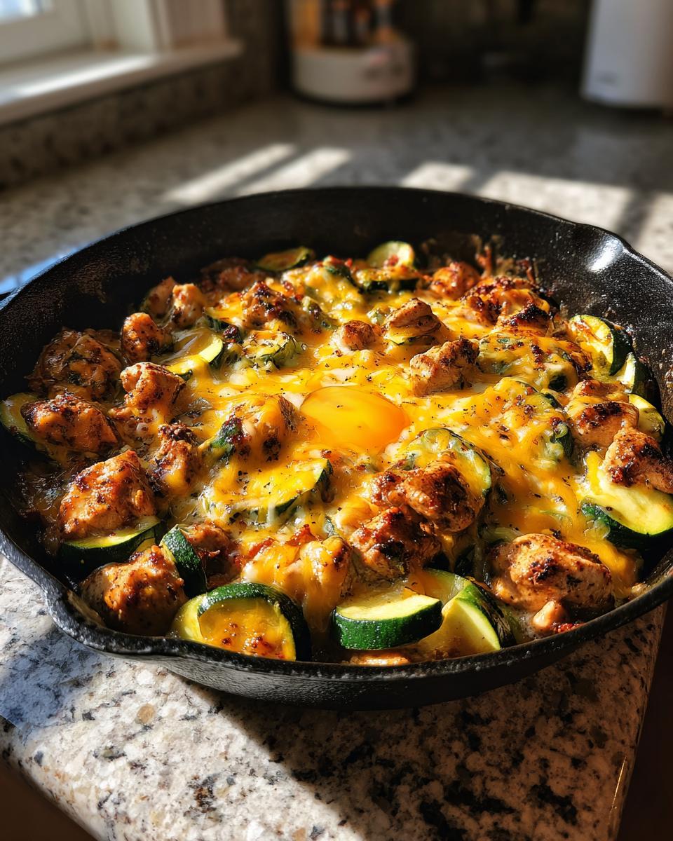 Close-up of Tex Mex Chicken And Zucchini cooked in a cast iron skillet, topped with melted cheddar cheese and a runny egg yolk.