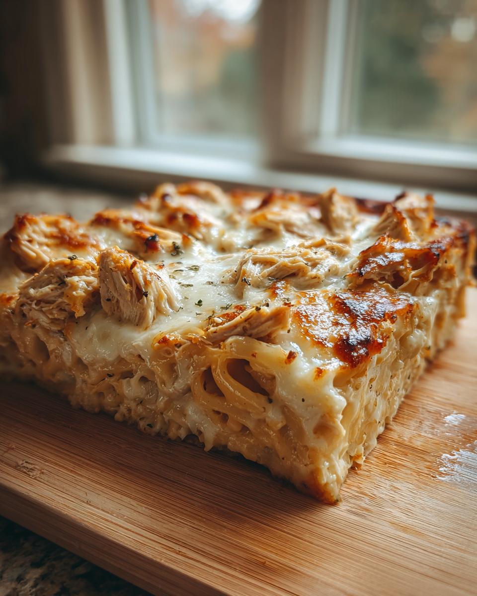 A thick, square slice of baked pasta topped with melted cheese and shredded chicken from a Chicken Alfredo Bake.